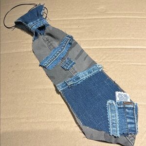 Upcycled Handmade Denim and Gray Patchwork Tie. Camouflage fabric. DIY